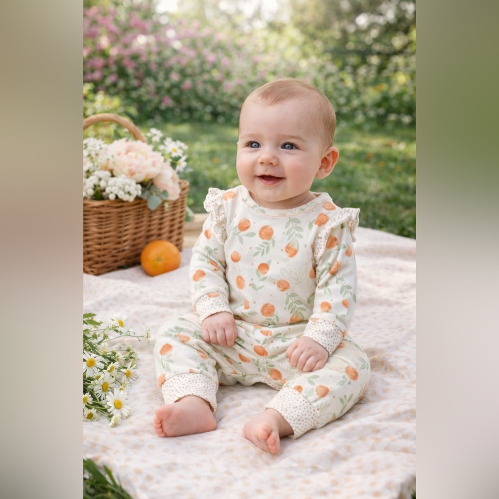 Rabbit + Bear Organic Cotton Orange Print Ruffle One Piece 0-3M Baby Romper